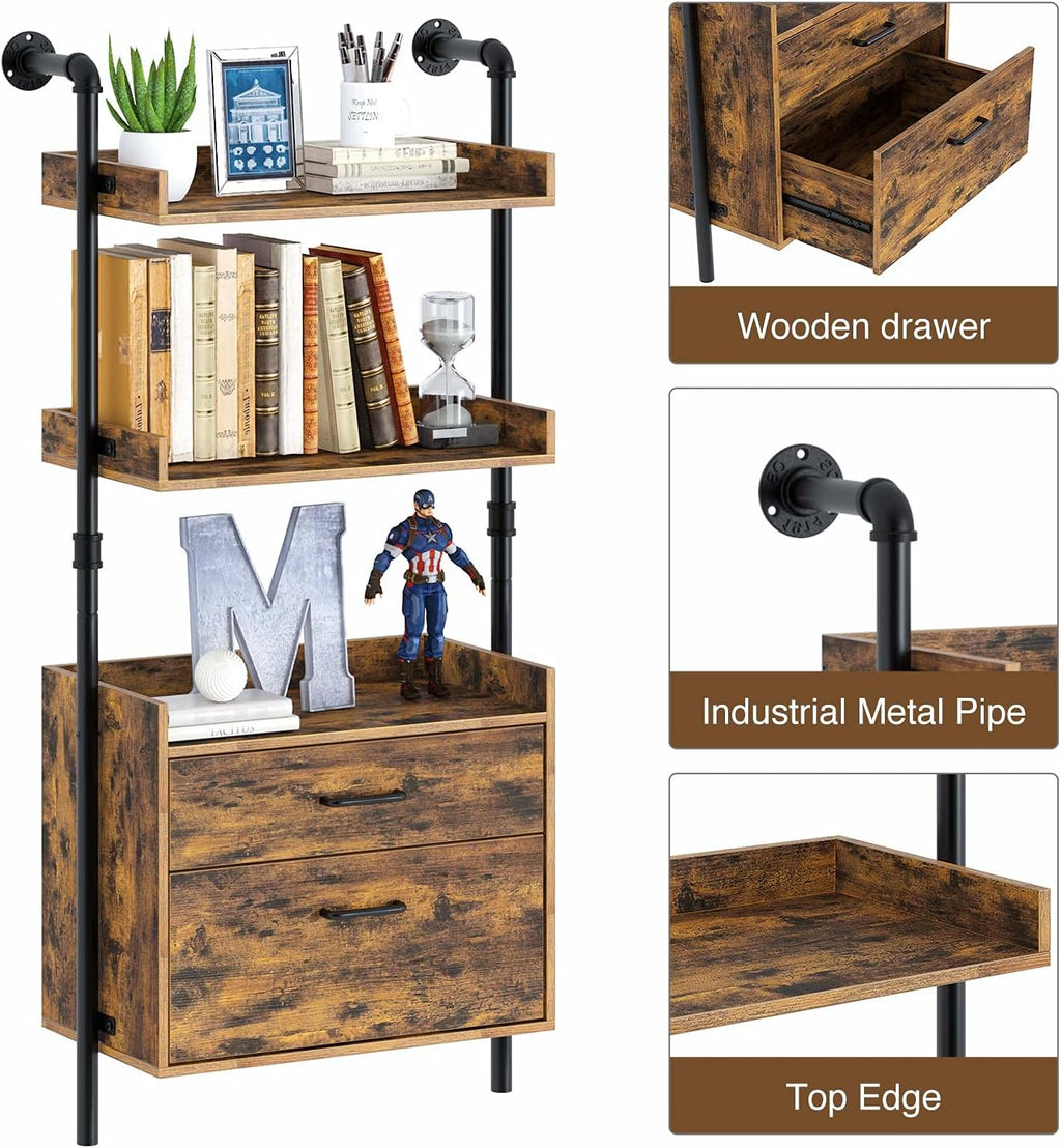 Industrial Bookshelf with 2 Wood Drawers, Wall Mounted 3-Tier Bookcase, Rustic Brown Z360