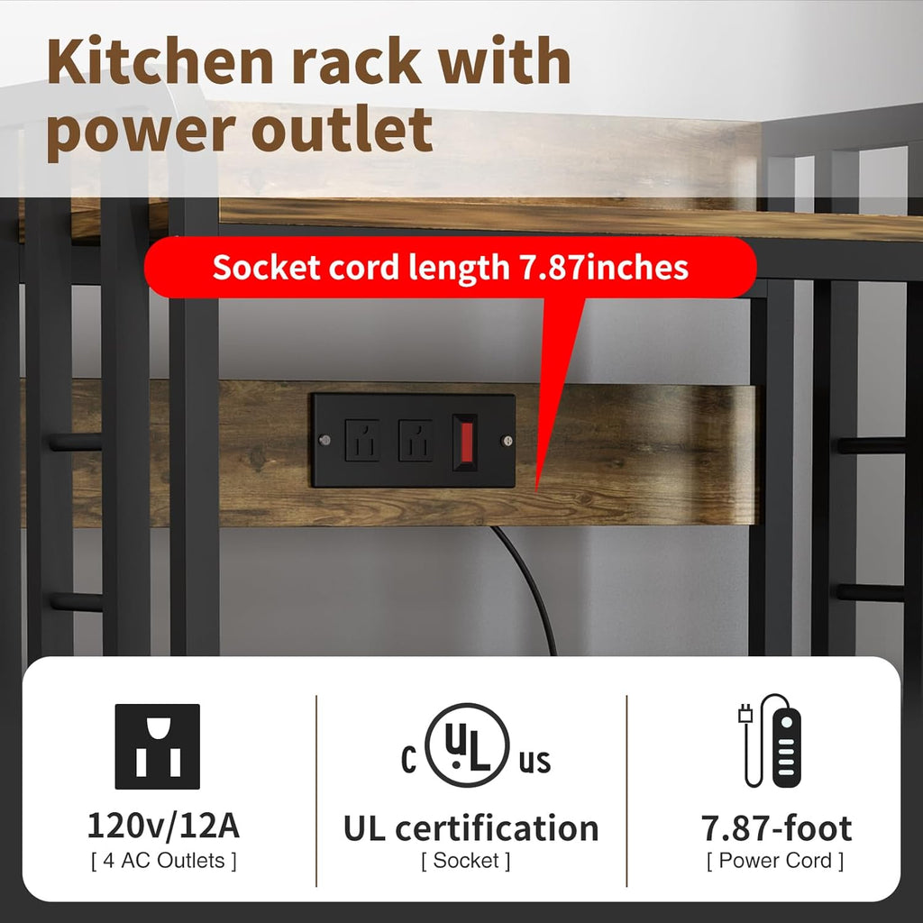 Rustic Brown 4-Tier Kitchen Baker's Rack with Power Outlet A84672