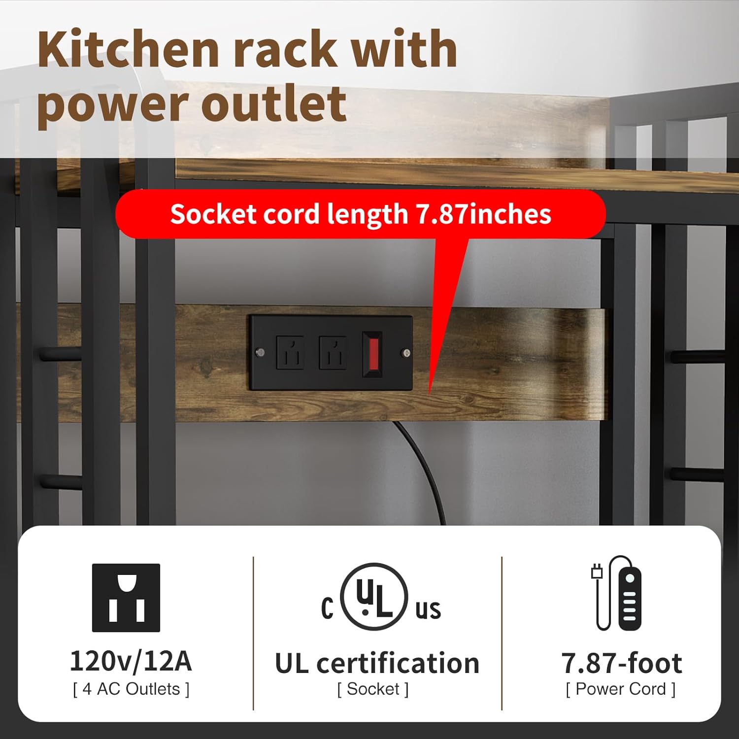 Rustic Brown 4-Tier Kitchen Baker's Rack with Power Outlet A84672