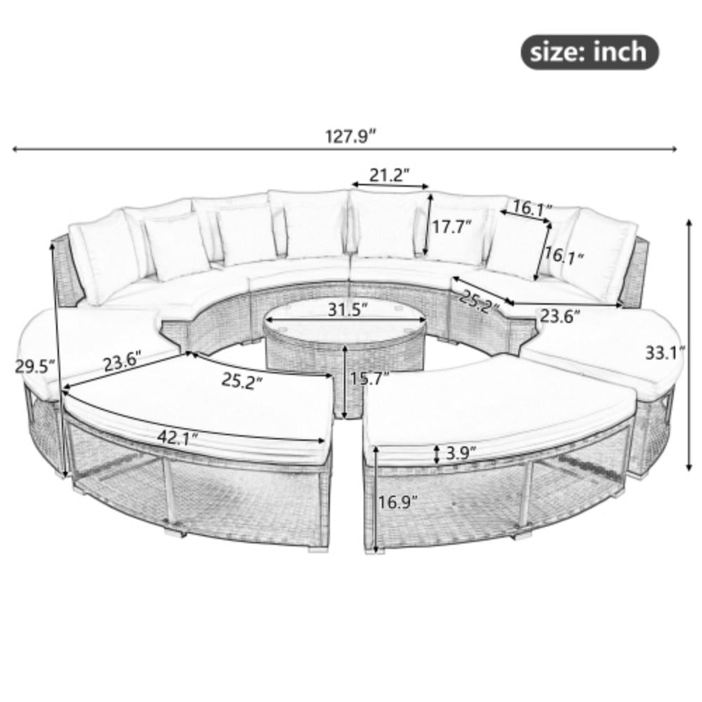9-Piece Rattan Wicker Outdoor Sofa Set with Tempered Glass Coffee Table L834