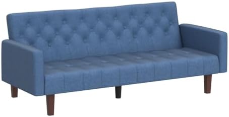 Blue Tufted Linen Convertible Futon Sofa Bed Twin Size with Solid Wood Legs H20292