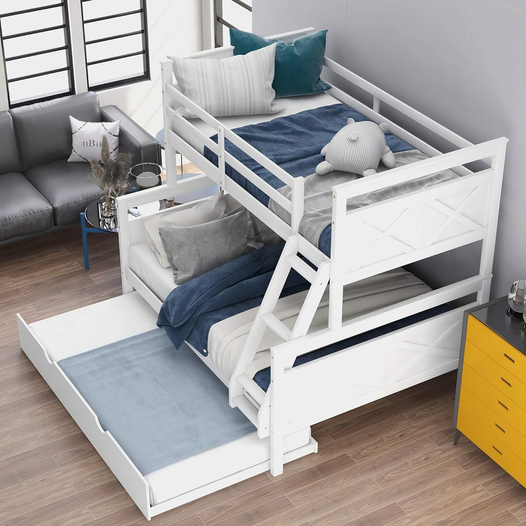 White Wood Triple Bunk Bed with Slide and Ladder P868