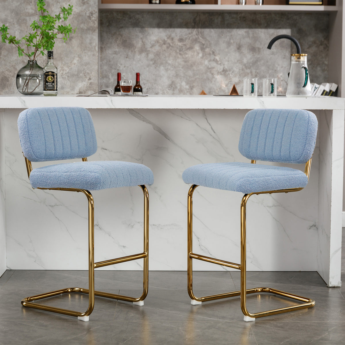 Blue Boucle Upholstered Bar Stools Set of 2 S587