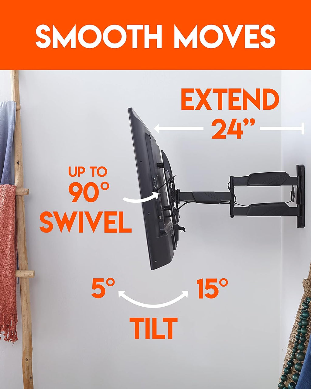 Corner TV Wall Mount for TVs Up To 65, Single Stud Design, 24" Smooth Extension with Swivel, Tilt, & Cable Management J828