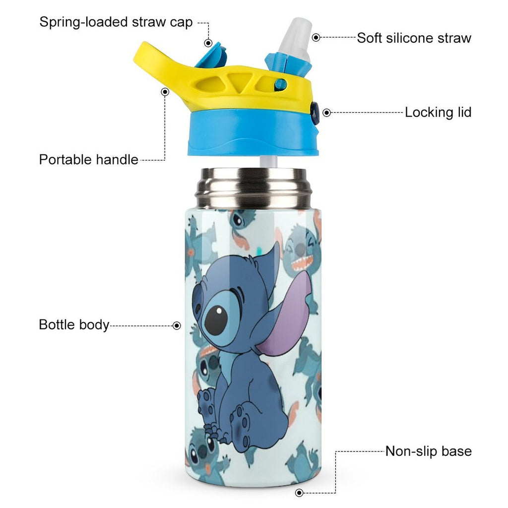 Blue-Stitch-Kawaii Children's Water Bottle Vacuum Insulated Stainless Steel Cup With Straw B910588