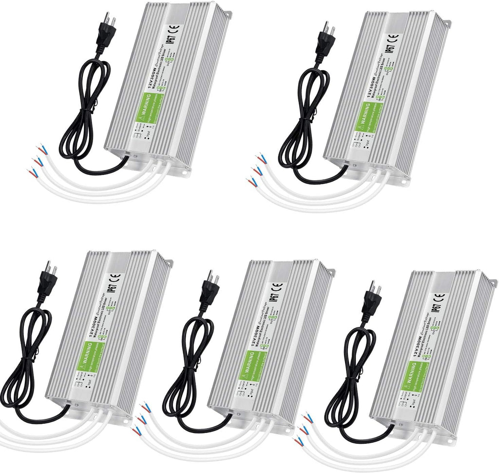 5 Pack Waterproof IP67 LED Power Supply Driver Transformer 300W 110V AC to 12V DC Low Voltage Output with 3-Prong Plug 3.3 Feet Cable J292850