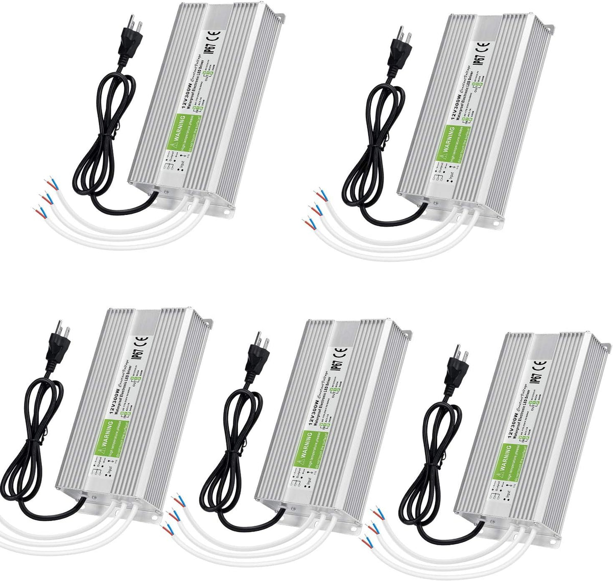 5 Pack Waterproof IP67 LED Power Supply Driver Transformer 300W 110V AC to 12V DC Low Voltage Output with 3-Prong Plug 3.3 Feet Cable J292850