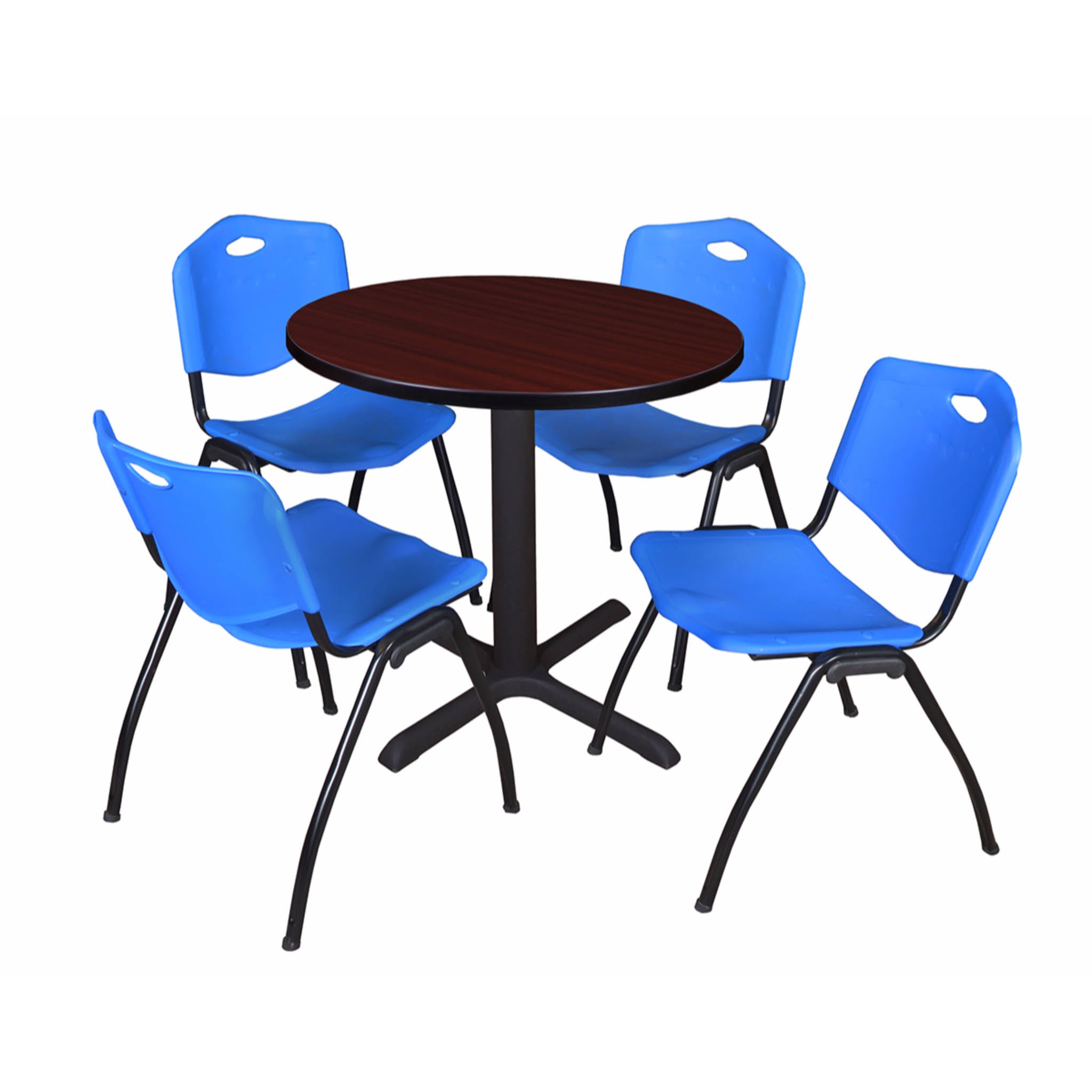 30x22 Round Breakroom Table Mahogany 4 Stack Chairs Blue L10373
