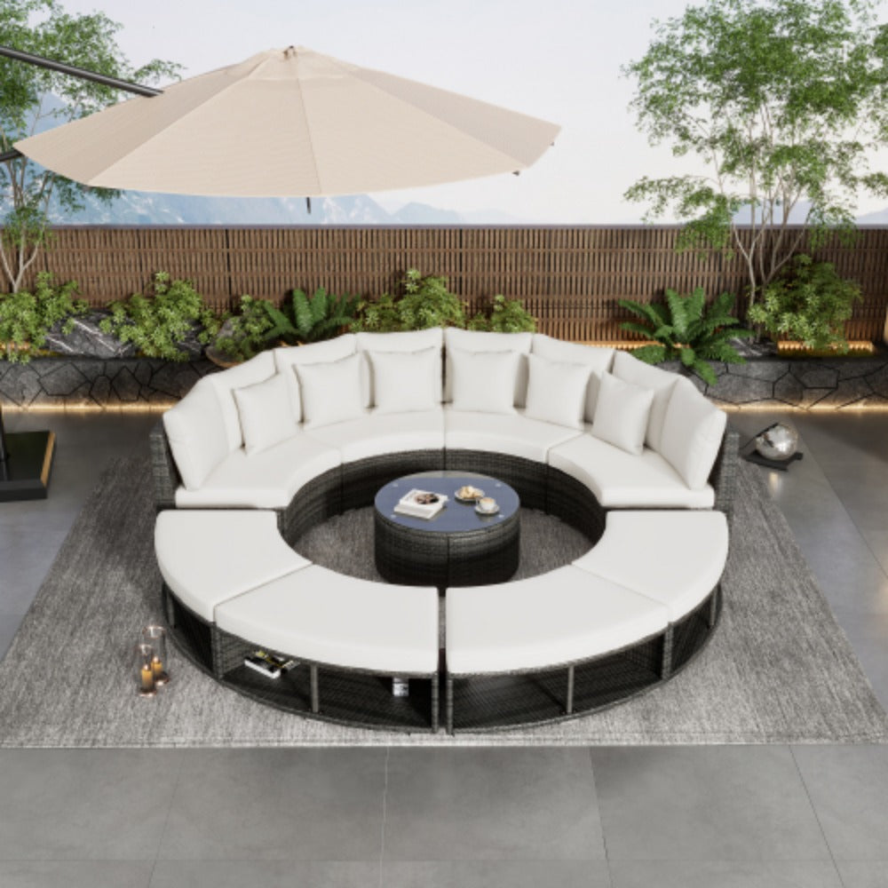 9-Piece Rattan Wicker Outdoor Sofa Set with Tempered Glass Coffee Table L834