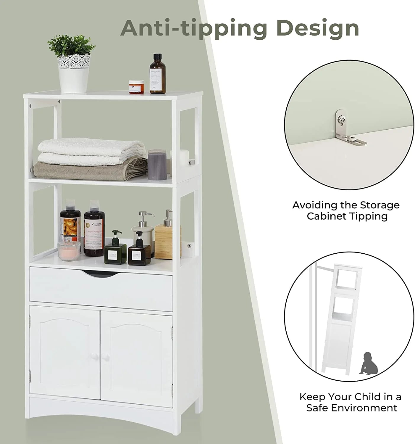 White Freestanding Sideboard Storage Cabinet with 2 Open Shelves, 1 Drawer & 1 Cupboard C99504