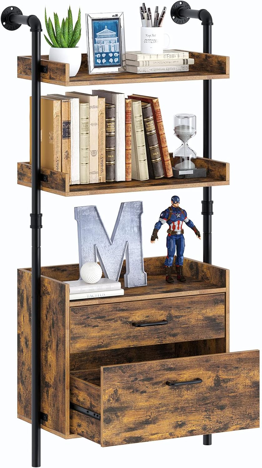 Industrial Bookshelf with 2 Wood Drawers, Wall Mounted 3-Tier Bookcase, Rustic Brown Z360