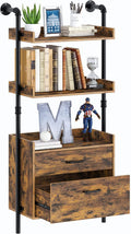 Industrial Bookshelf with 2 Wood Drawers, Wall Mounted 3-Tier Bookcase, Rustic Brown Z360