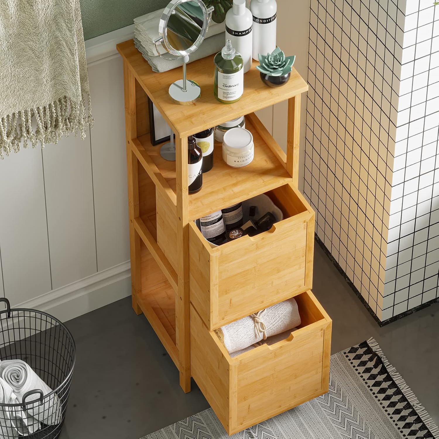 Bamboo Freestanding Corner Cabinet with 2 Removable Drawers and 3 Shelves Y538994