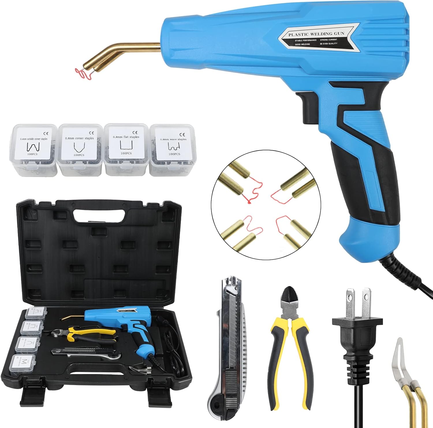110V 100W Plastic Welder Kit with 4 Types of 100PCS Staples, Hot Stapler Plastic Repair Tools with Pliers, Red Pack of 2 Y1232