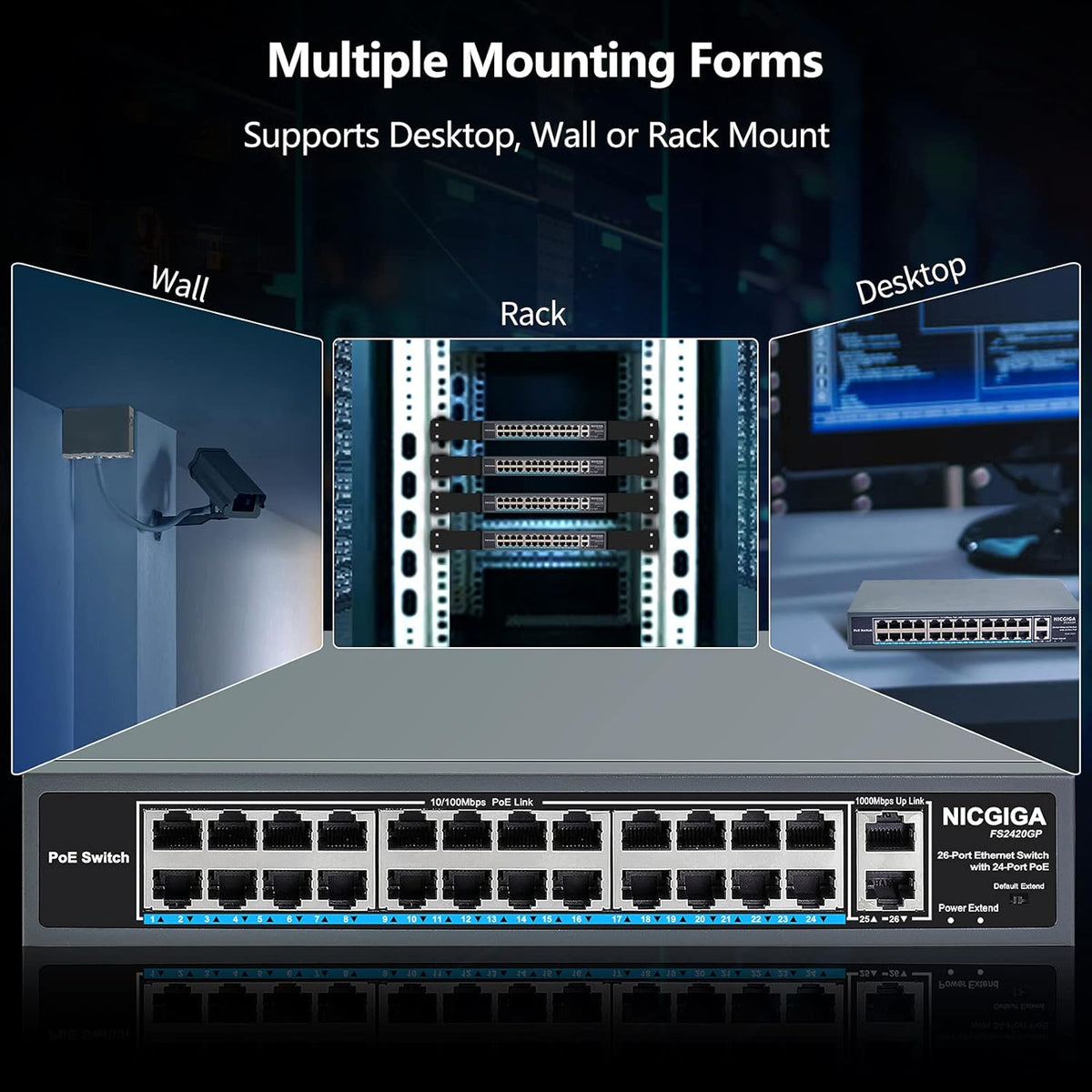 26 Port PoE Switch with 24 Ports 10/100Mbps PoE+@400W, 2 Gigabit Uplink Ports, VLAN Mode, Metal Case, Rack Mount T525579