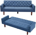 Blue Tufted Linen Convertible Futon Sofa Bed Twin Size with Solid Wood Legs H20292