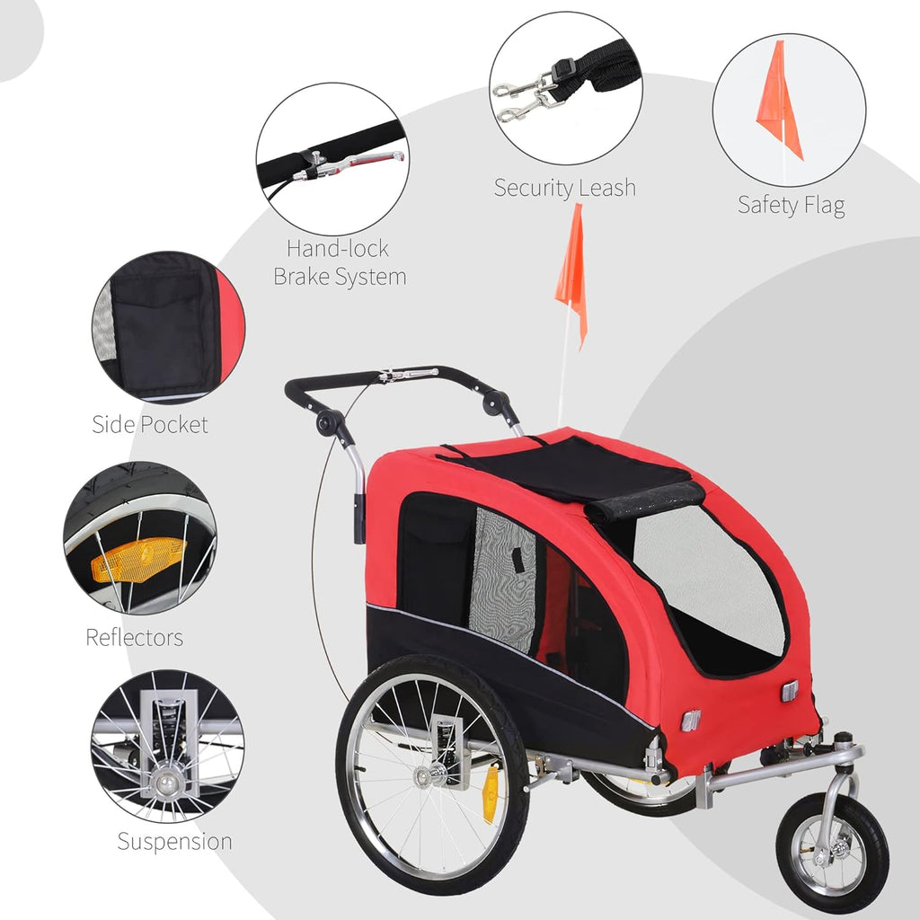 Red Dog Bike Trailer Pet Stroller With Canopy And Storage Pockets W867