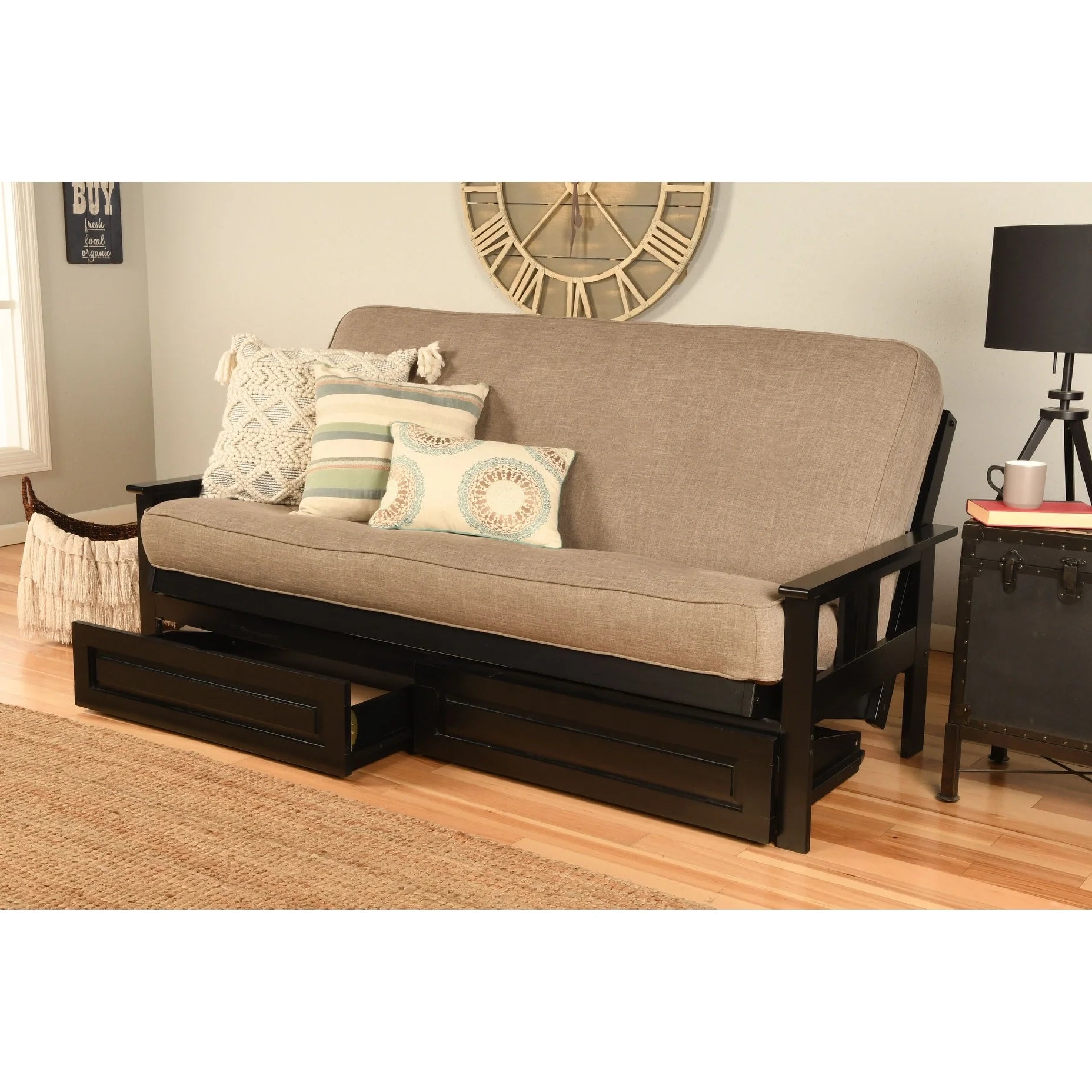 Black Finish Sofa with Storage and Removable Linen Mattress Cover R678