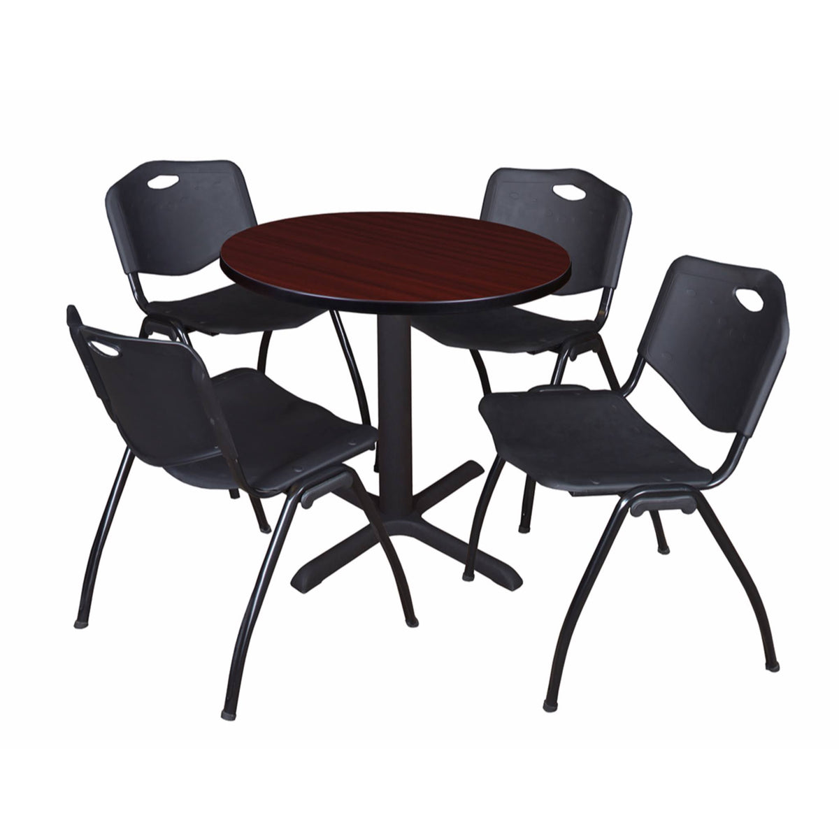 30x22 Round Breakroom Table Mahogany 4 Stack Chairs Blue L10373