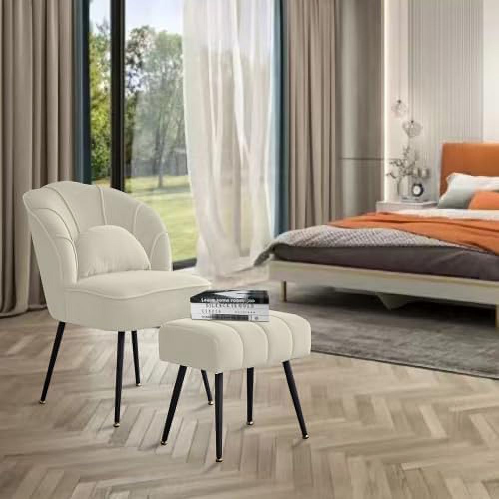 Beige Velvet Accent Chair with Ottoman and Metal Legs N164