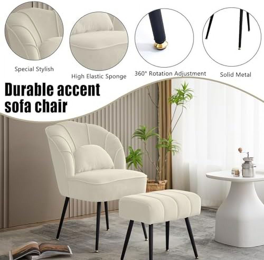 Beige Velvet Accent Chair with Ottoman and Metal Legs N164