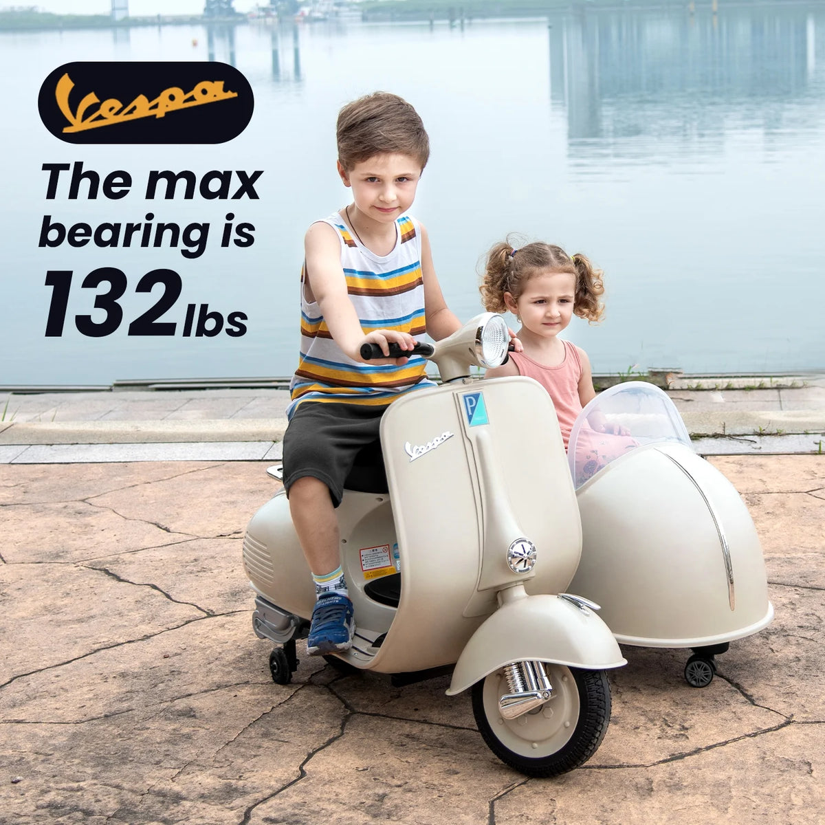 12V Licensed Vespa Ride on Motorcycle with Side Car, 2-Seater Electric Car for Kids, Grey J684