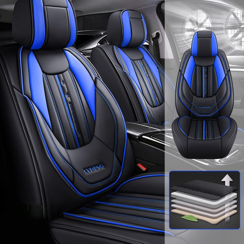 Black Blue Leather 5 Seats Full Set Waterproof Car Seat Covers C939789