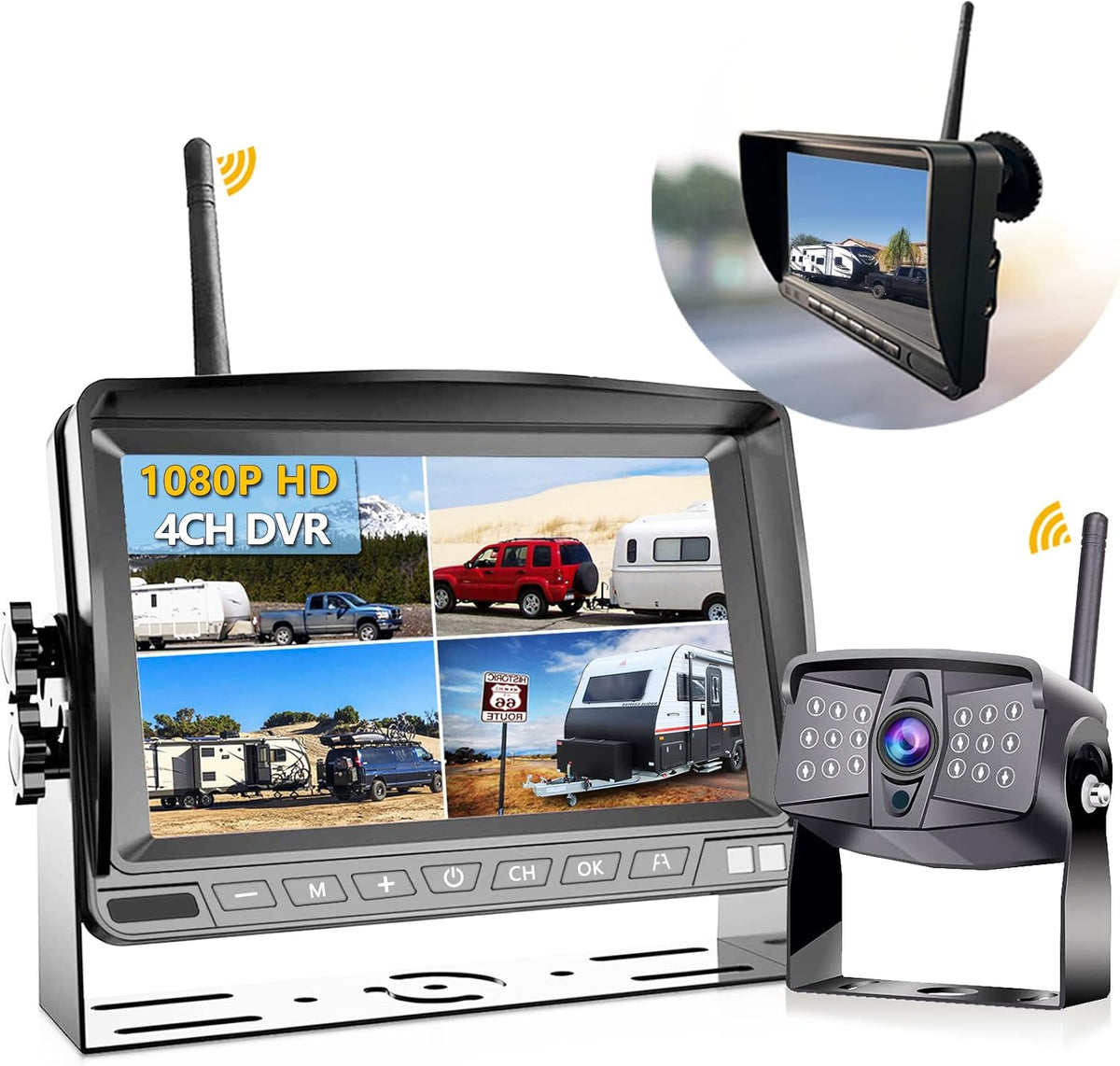 Wireless 1080P RV Backup Camera with 7'' DVR 4 Split Screen Monitor J684