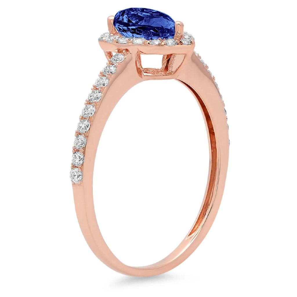 Pear Cut Blue Simulated Tanzanite Pink Rose Gold Halo Ring Size 3.5 A145
