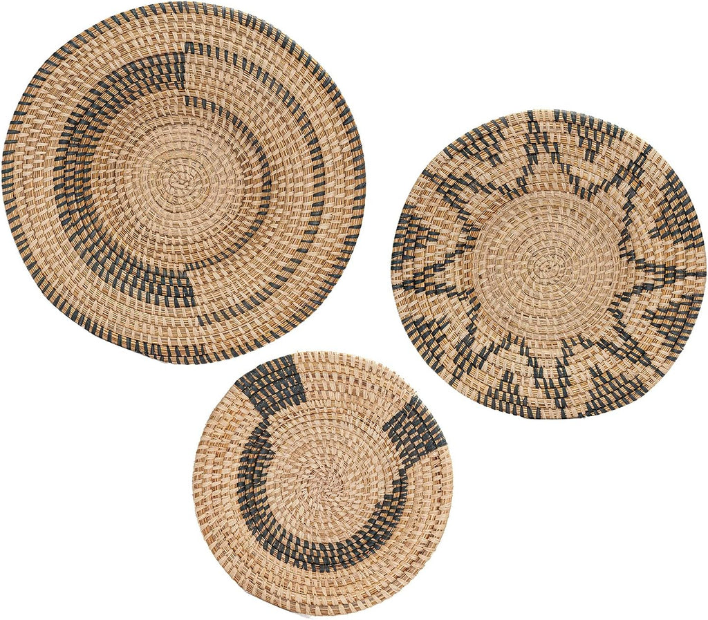Wall Plate Set of 3, Natural Raffia Woven Wall Basket Decor, Dark Gray Pack of 2 L75772