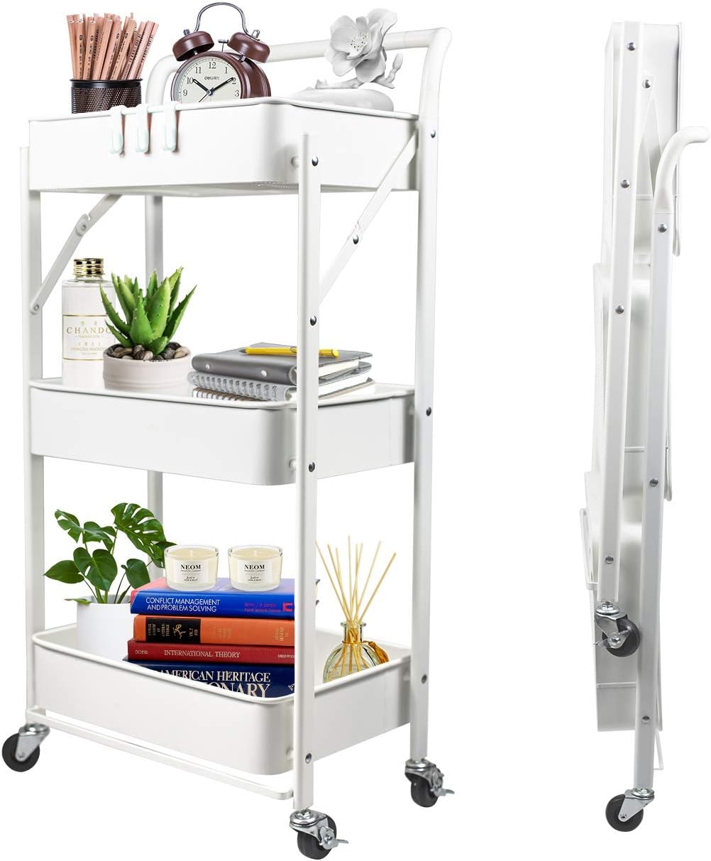 Blue Yellow 3-Tier Metal Rolling Utility Cart with Lockable Caster Wheels Q71144