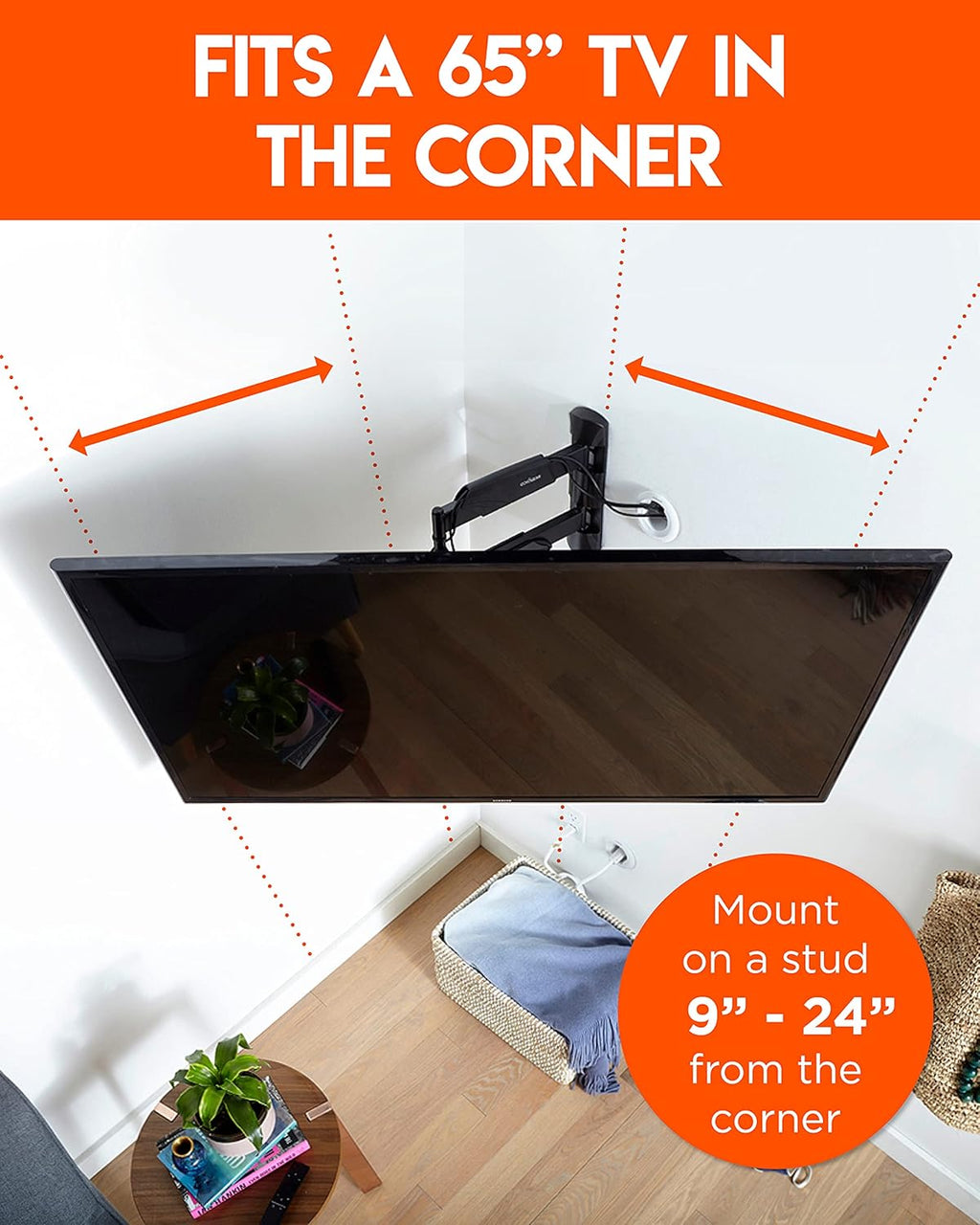 Corner TV Wall Mount for TVs Up To 65, Single Stud Design, 24" Smooth Extension with Swivel, Tilt, & Cable Management J828
