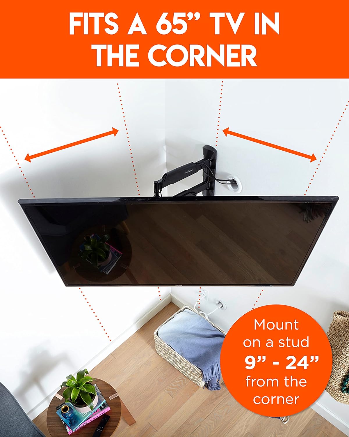 Corner TV Wall Mount for TVs Up To 65, Single Stud Design, 24" Smooth Extension with Swivel, Tilt, & Cable Management J828