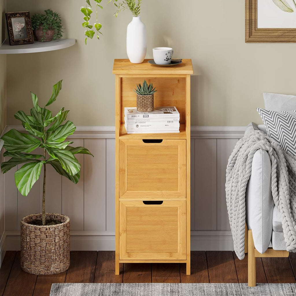 Bamboo Freestanding Corner Cabinet with 2 Removable Drawers and 3 Shelves Y538994
