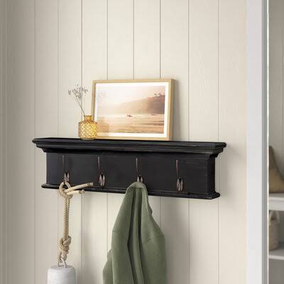 Solid Wood 4 Hook Wall Mounted Coat Rack Black White L899487