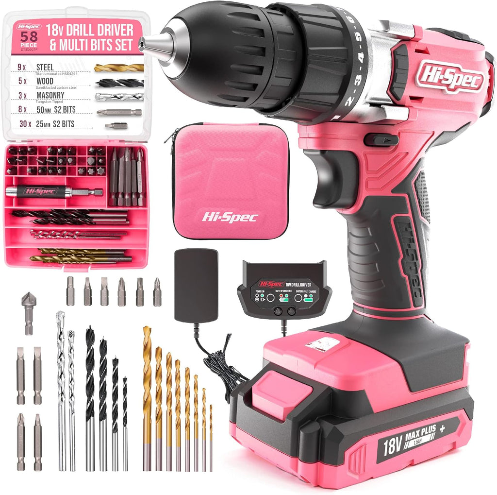 58 Piece 18V Pink Drill Driver & S2 Bit Set Cordless Power Drilling Electric Screwdriver Tool Case Pack of 2 N60277