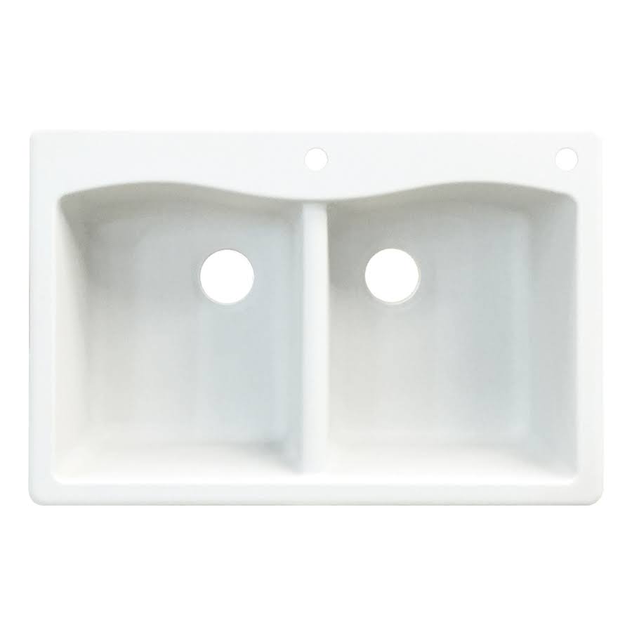 White Double-Basin Granite Drop-In 2-Hole Kitchen Sink M9331