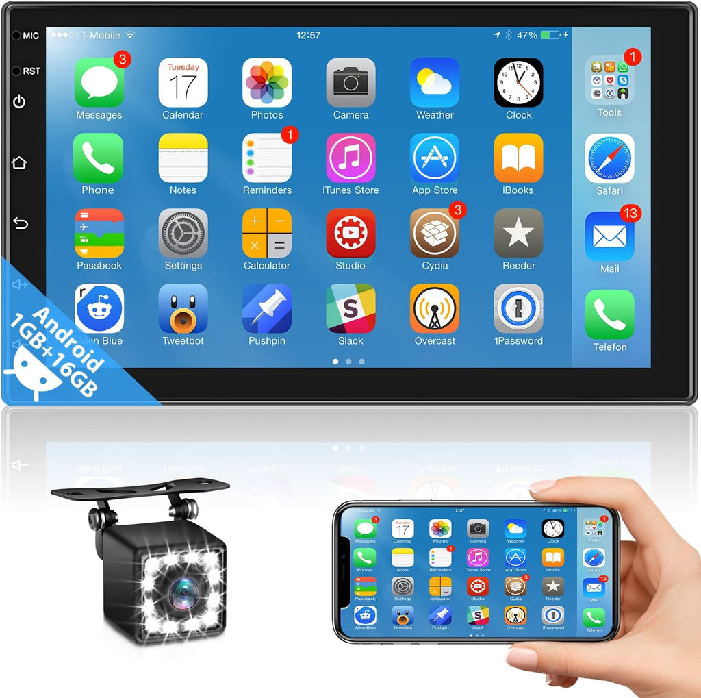 Android Double Din Car Stereo with Touch Screen Bluetooth FM Receiver Backup Camera Dual USB O1380