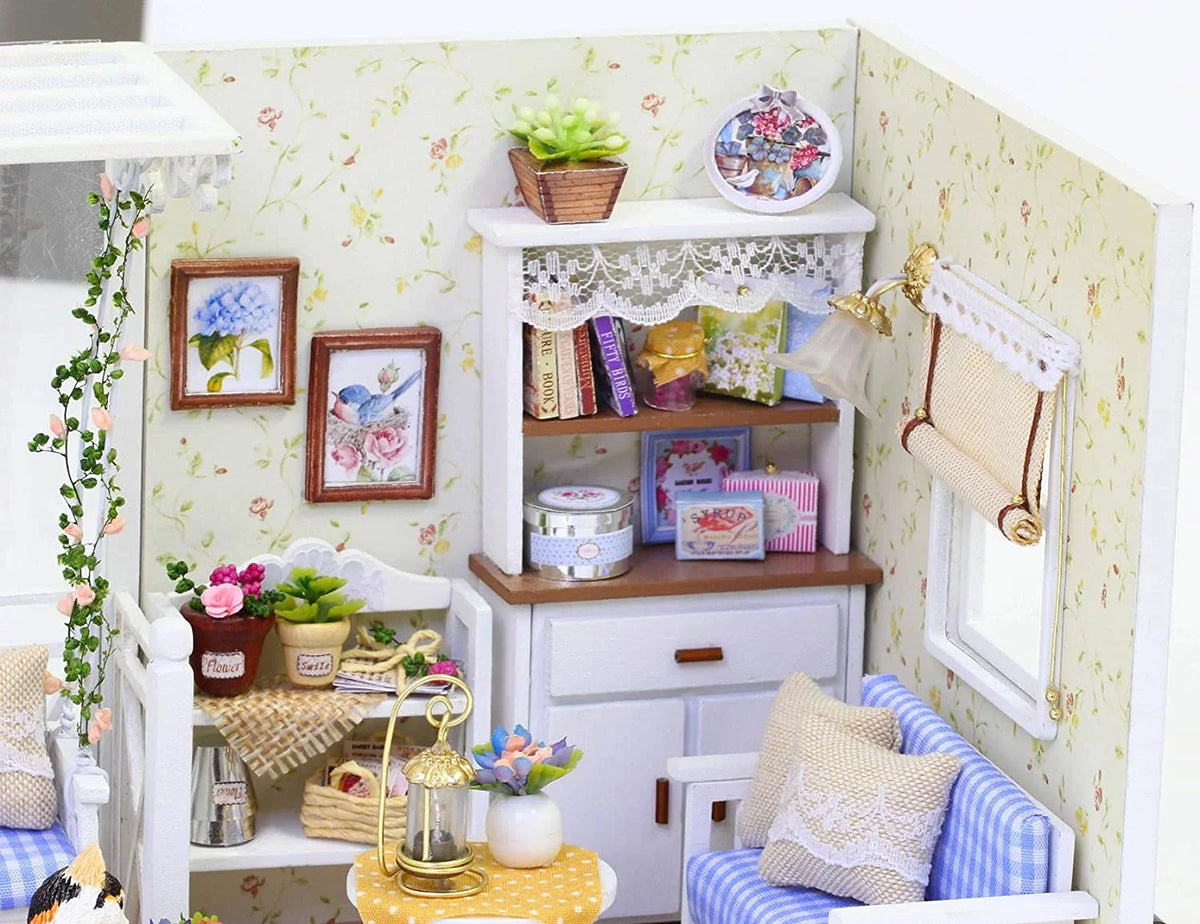 Wooden Dollhouse Miniatures DIY House Kit with Led Light Q915