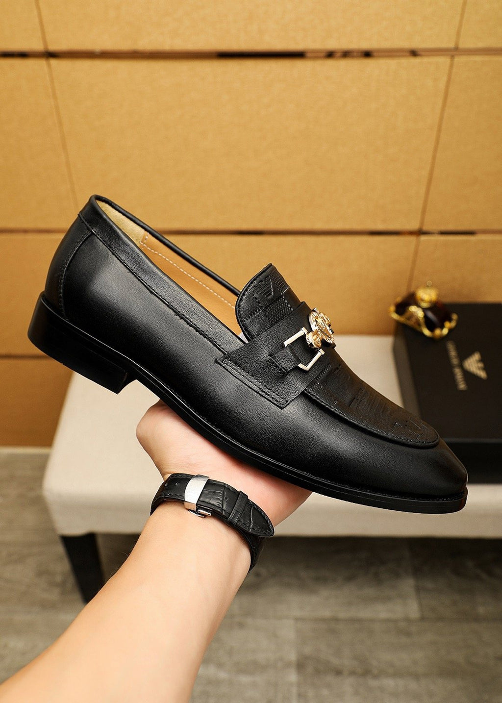 Armani Men's Black Embossed Bit Loafers